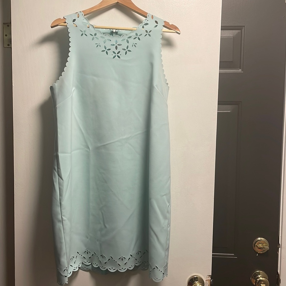 Sleeveless Shift Dress with eyelet neckline and hem. Sea foam color.